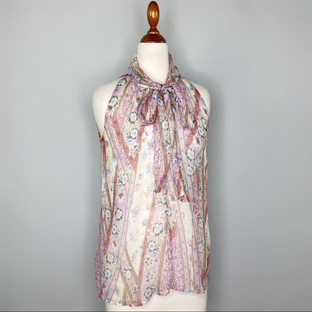 DREW Silk chiffon Multicolor Paisley Pussy Bow Tie Neck Snap Back Tank Size XS - Picture 2 of 10